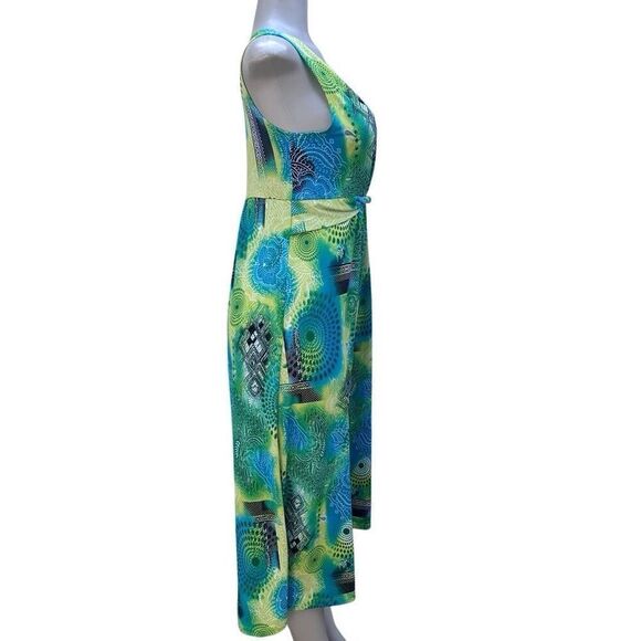 Maxi Dress Women's Medium Blue Green Abstract Mix Print Surplice Neck Sleeveless - Picture 6 of 14
